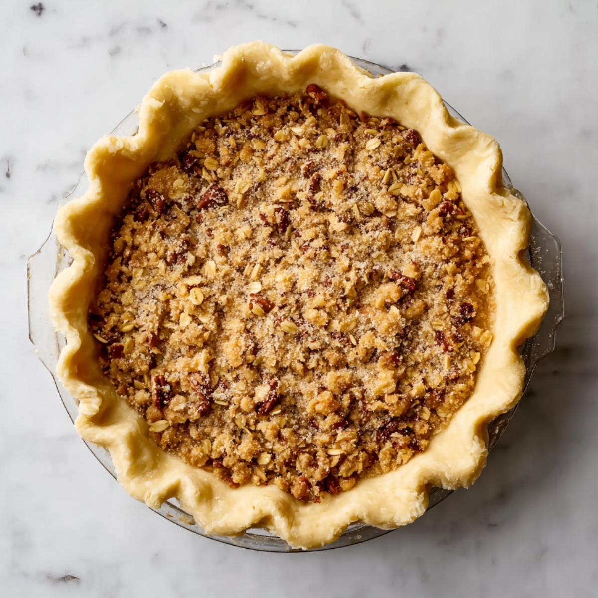 Easy Southern Kentucky Sawdust Pie Recipe 11 An overhead shot of an unbaked pie with a crumbly oat, pecan, and sugar filling inside a flaky crust.