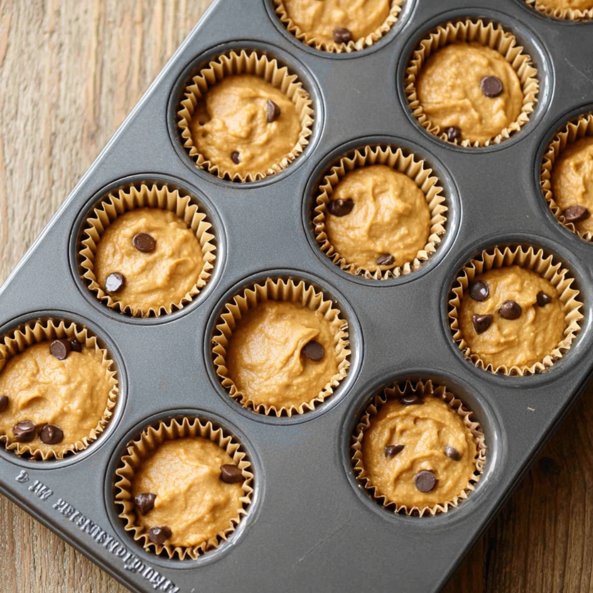 Healthy Cottage Cheese Muffins Recipe 11 A muffin tray filled with pumpkin muffin batter and chocolate chips, ready for baking.