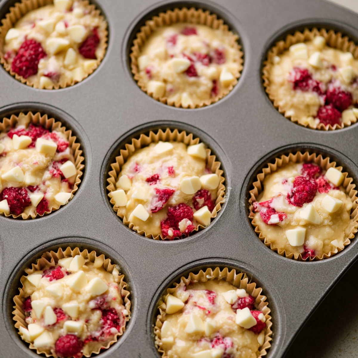 Close-up of muffin batter with raspberries and white chocolate chips in paper liners, ready to be baked in a muffin tray.