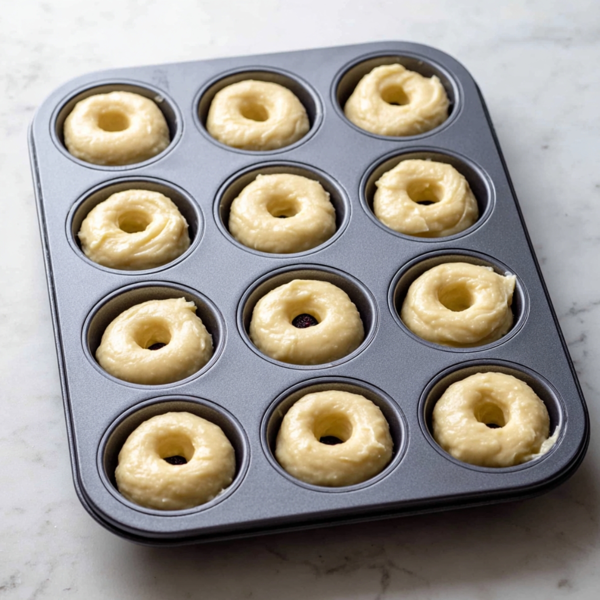 Greek Yogurt Cake Donuts Recipe 11 A donut pan filled with smooth batter, with each cavity containing unbaked donut dough, ready to be baked.