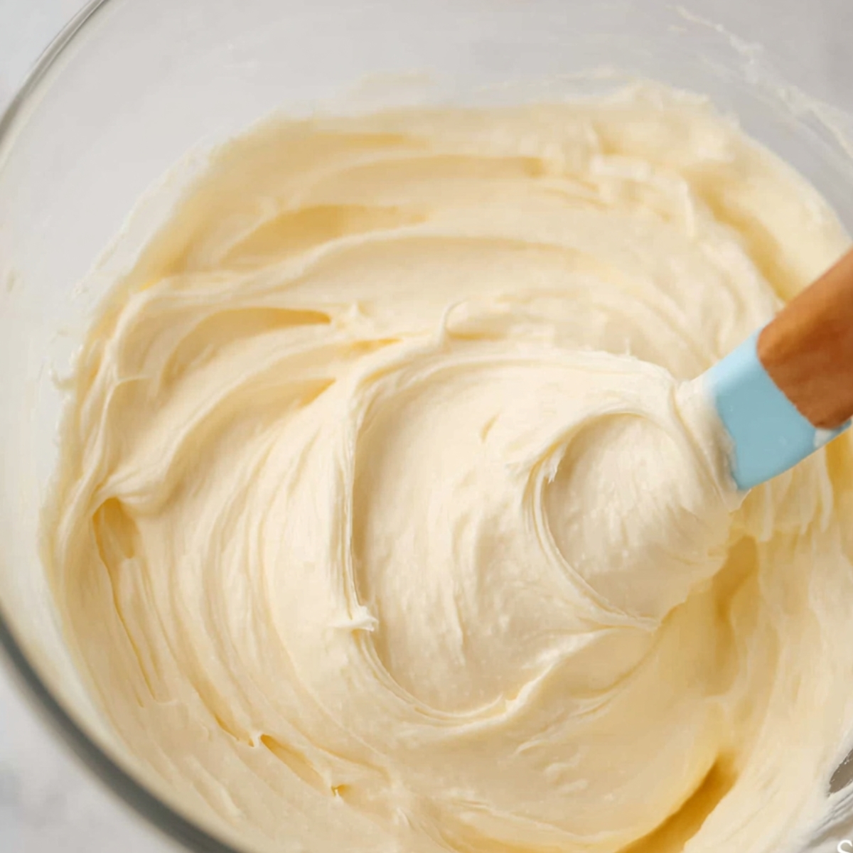 Smooth and creamy cream cheese frosting in a glass bowl, being stirred with a spatula, ready to decorate cakes or cupcakes.