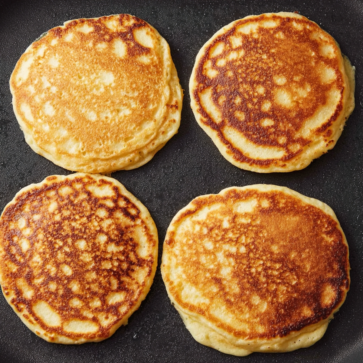 Easy Greek Yogurt Pancakes 11 A close-up of golden-brown pancakes cooking on a griddle. The pancakes are perfectly round, with slightly crispy edges, and are cooked to a beautiful golden color, ready to be flipped.