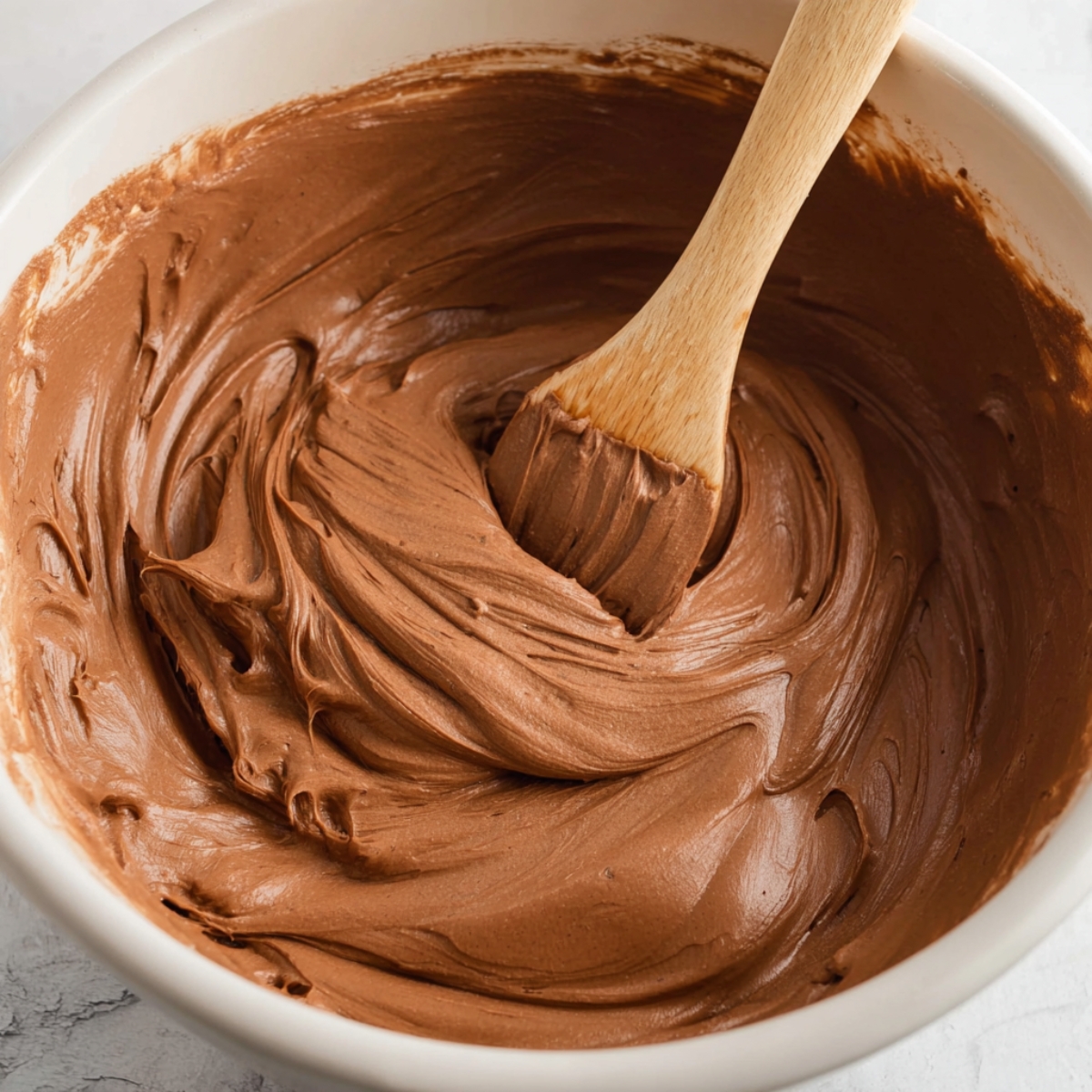 Smooth, creamy chocolate mousse filling in a large bowl, stirred with a wooden spatula, ready to be spread in a crust for a delicious pie.