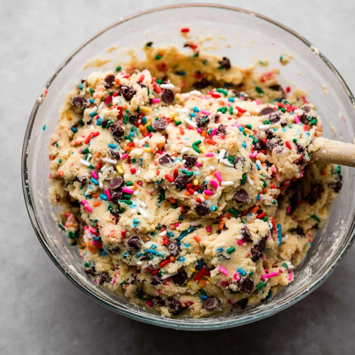 Cake Batter Chocolate Chip Cookies 10 Bowl of colorful cookie dough mixed with vibrant sprinkles and chocolate chips, ready to be scooped into cookies for baking.