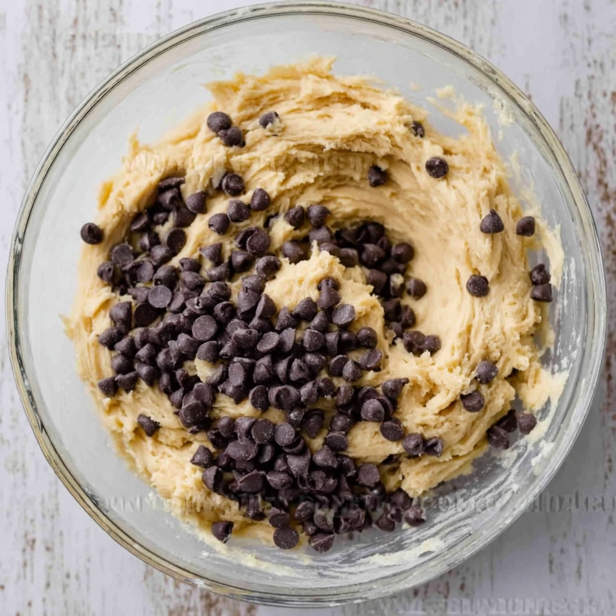 Moist Banana Muffins with Chocolate Chips 10 Banana muffin batter in a glass mixing bowl with chocolate chips folded in, showing a creamy dough ready for baking.