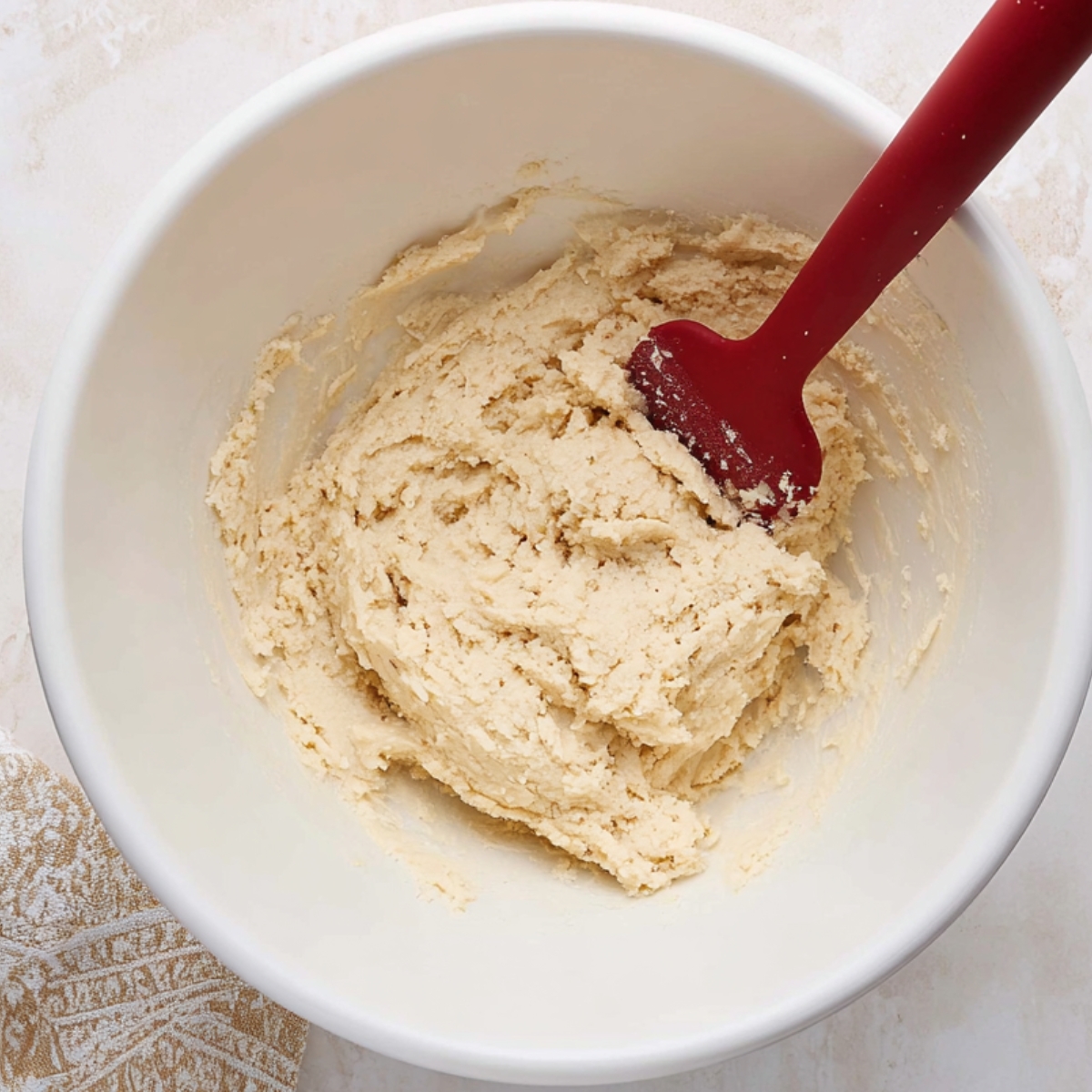 A close-up of coconut cookie dough being mixed in a white bowl with a red spatula, showing a smooth and crumbly texture.