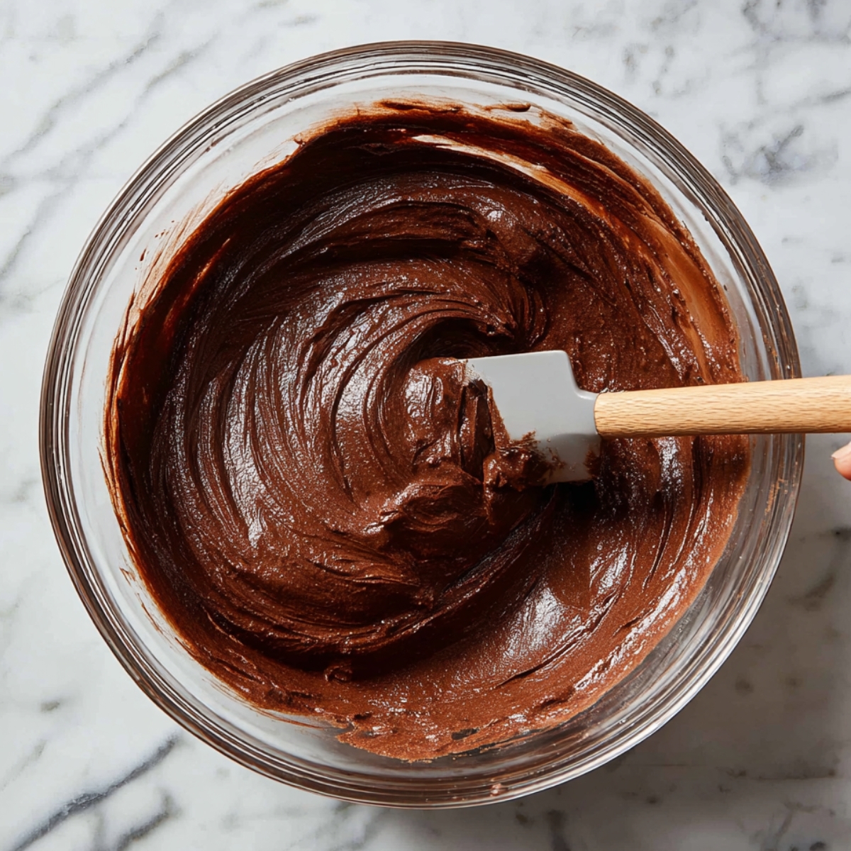 Easy Caramel Crunch Brownies 10 Chocolate brownie batter being stirred in a large mixing bowl with a spatula.