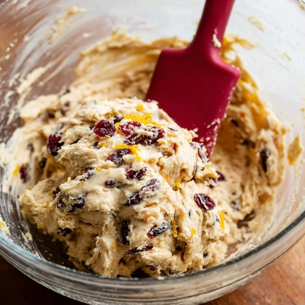 Close-up of cookie dough in a glass bowl with dried cranberries and orange zest, being folded in with a spatula, preparing the dough for shaping.