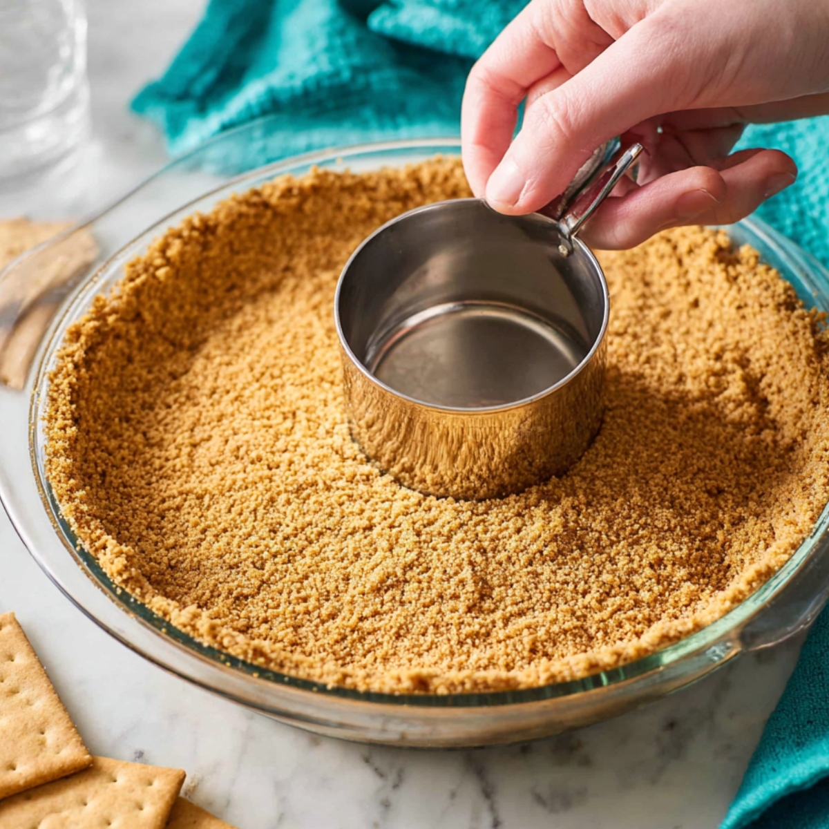 Easy Graham Cracker Crust Recipe 11 A hand pressing graham cracker crumbs into a pie dish with a metal measuring cup. The crust is being evenly distributed and compacted, with some graham crackers in the background and a teal kitchen towel.
