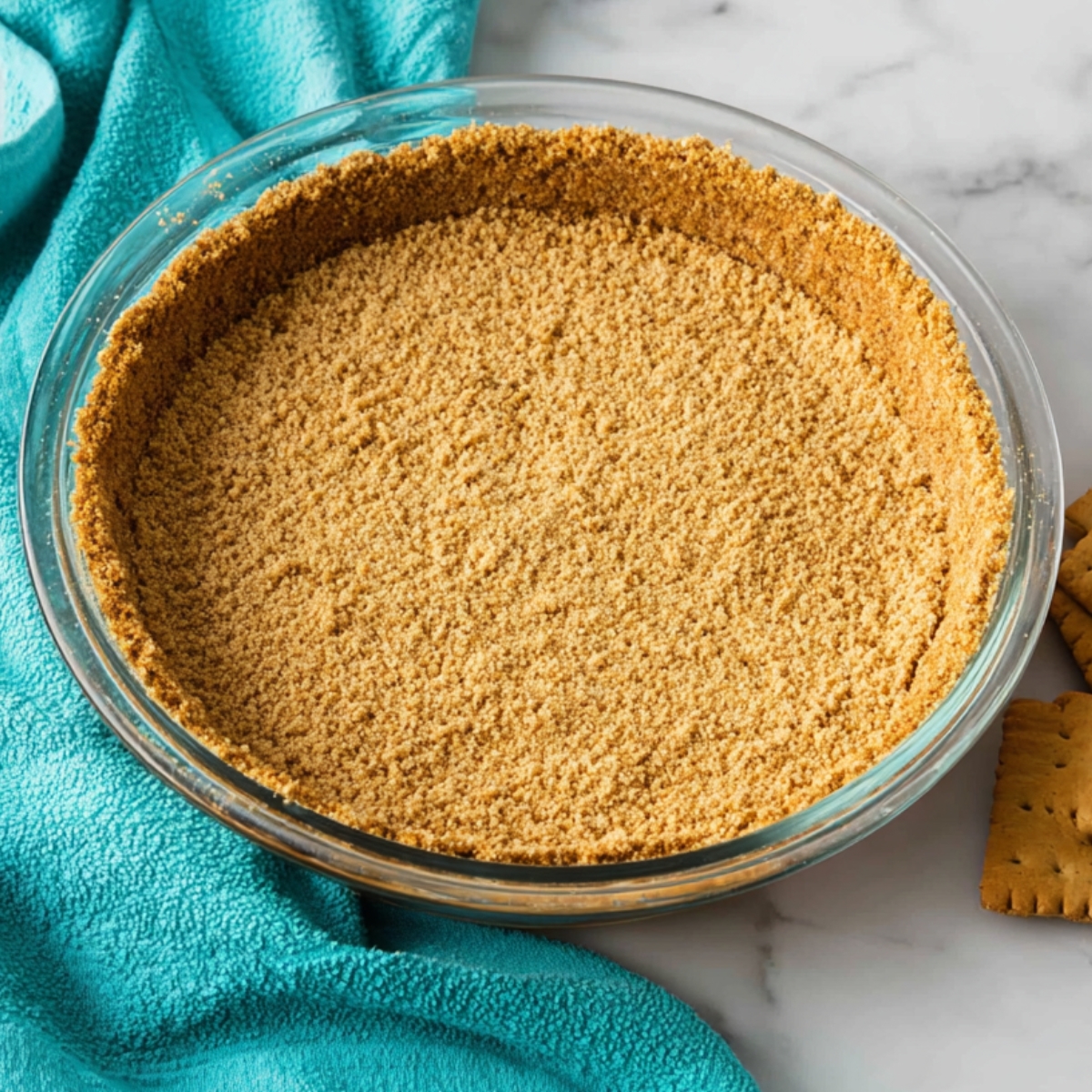 A glass pie dish filled with a Graham Cracker Crust, neatly pressed and evenly distributed around the base and sides. The crust is surrounded by a teal kitchen towel with graham crackers placed nearby.