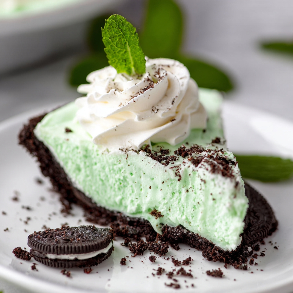 A slice of Grasshopper Pie served on a white plate, topped with whipped cream, a fresh mint leaf, and sprinkled with Oreo crumbs, showing the creamy mint filling inside.