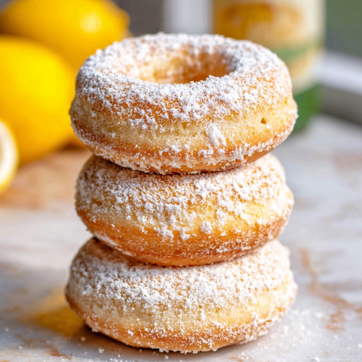 A stack of three freshly baked, golden Greek Yogurt Cake Donuts dusted with powdered sugar, set against a soft, lemony background.