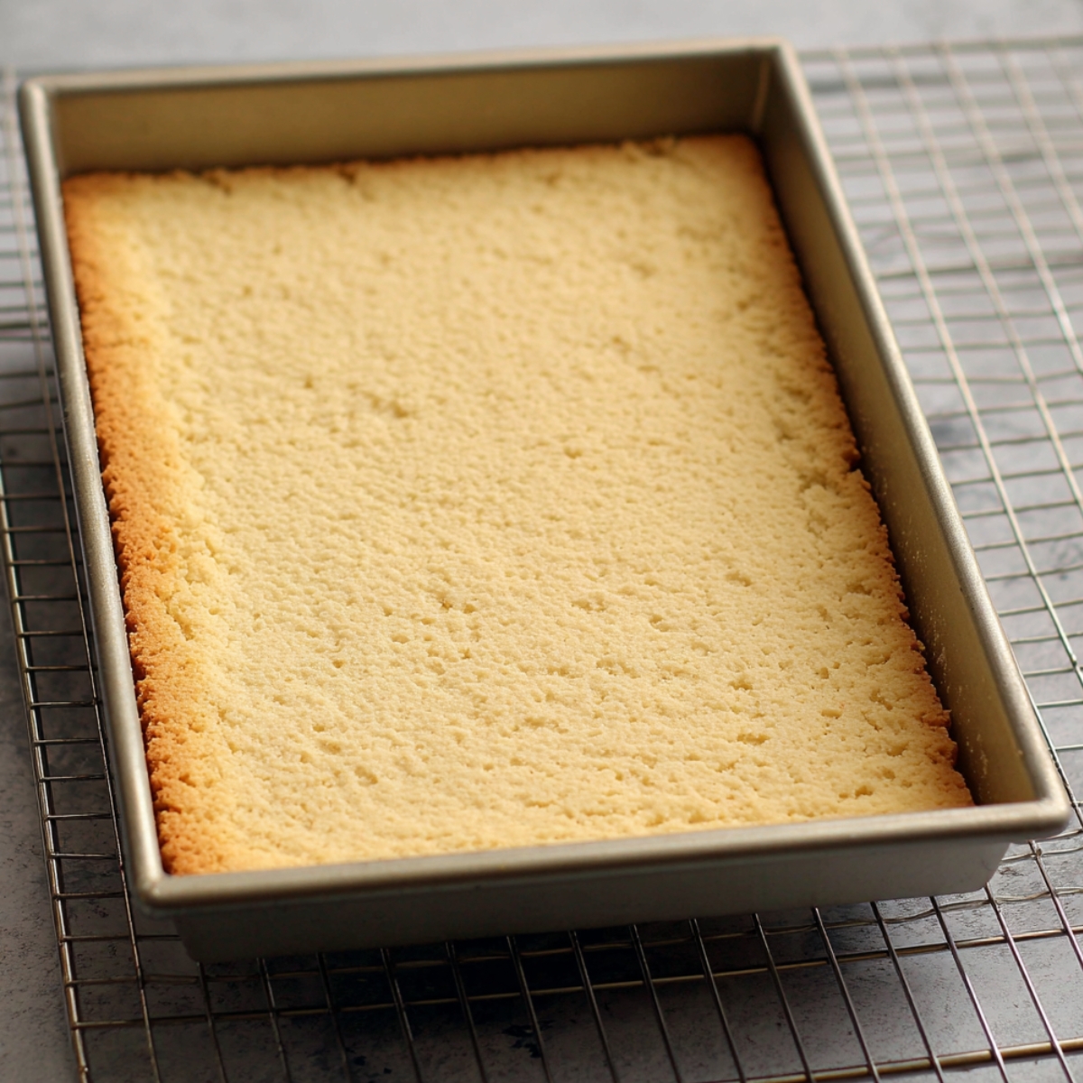A freshly baked golden shortbread crust in a rectangular baking pan, cooling on a wire rack.