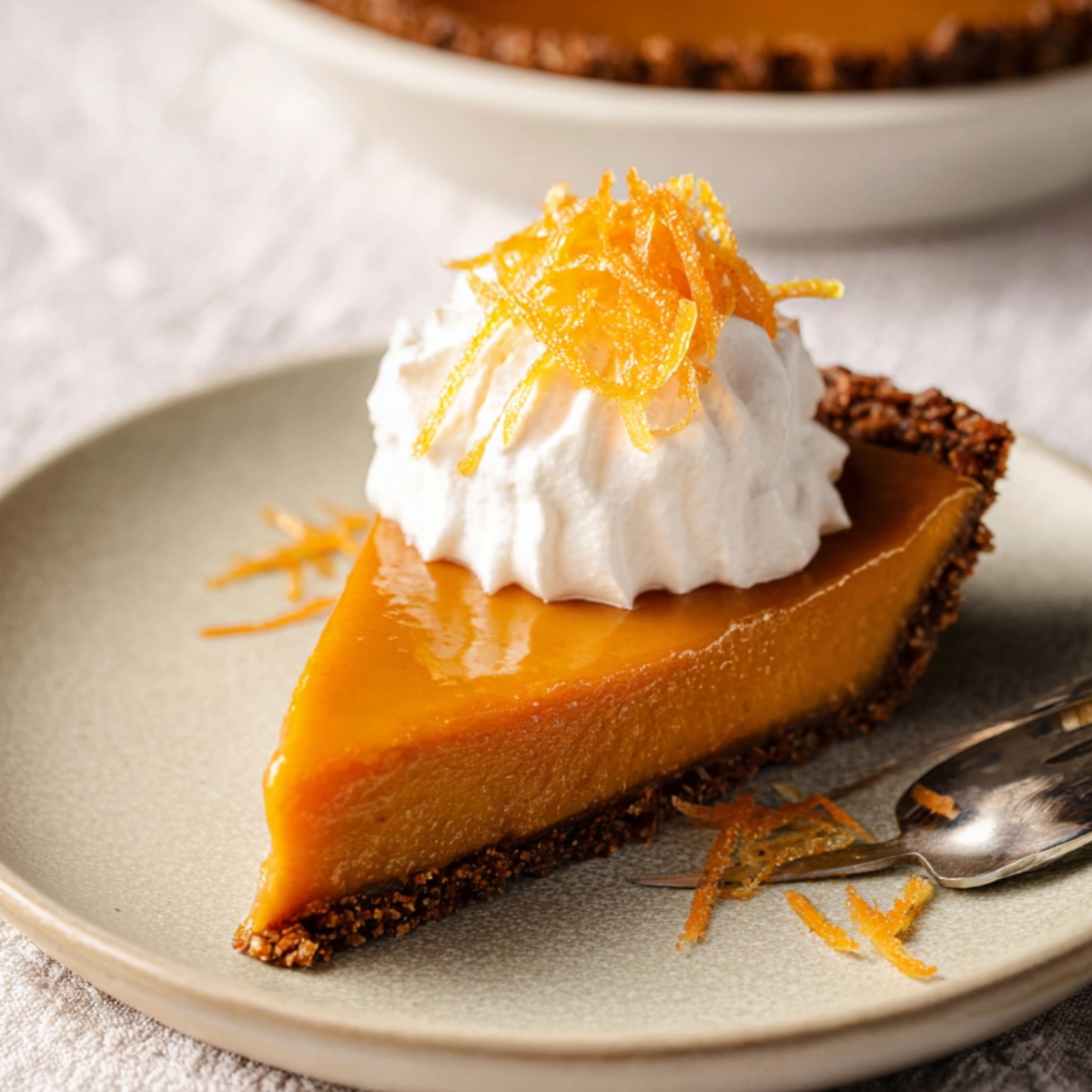 Easy Honey Carrot Pie Recipe 9 A slice of Honey Carrot Pie on a plate, topped with whipped cream and orange zest, showcasing the golden, smooth filling.