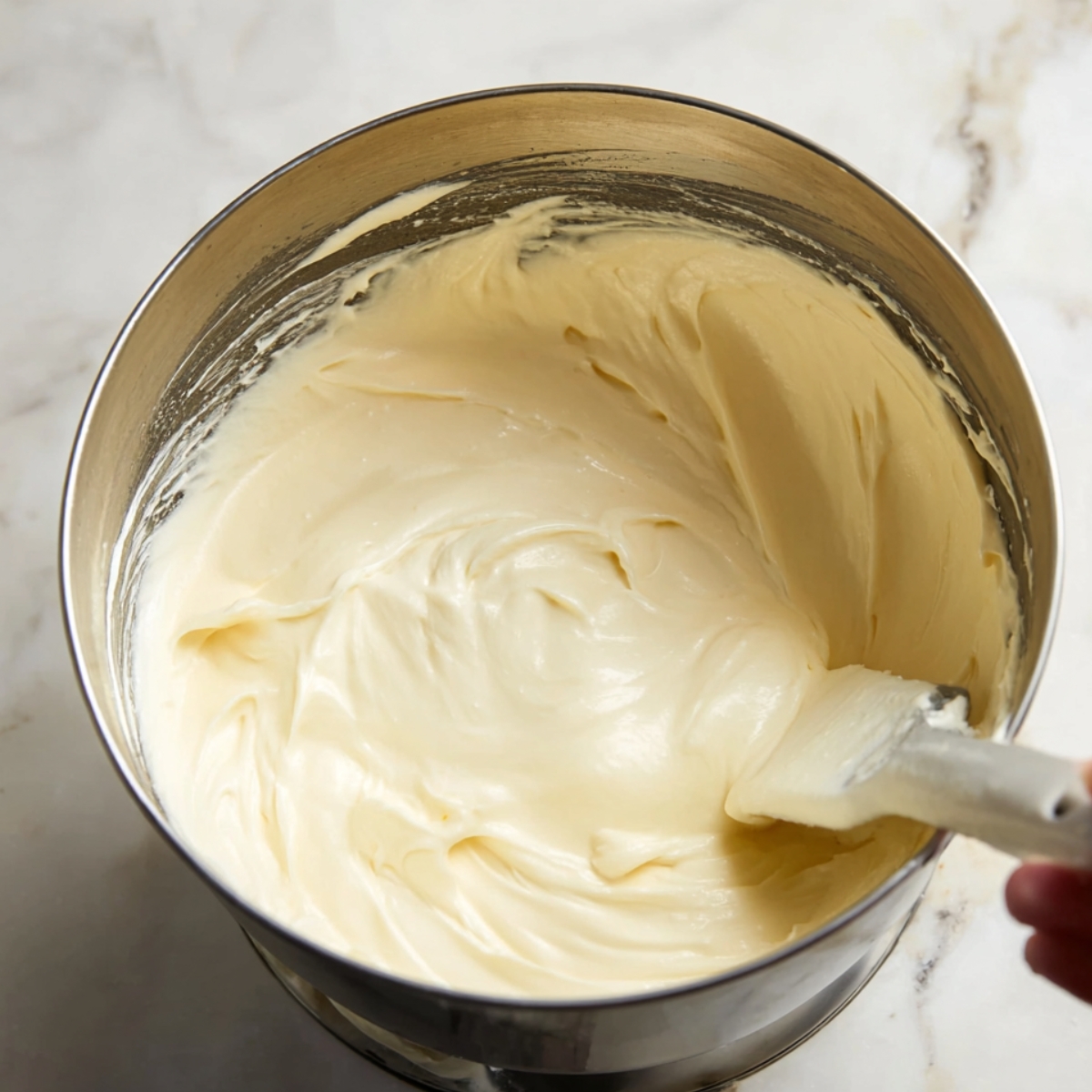 Easy Millionaire Cheesecake Recipe 11 Smooth and creamy white cheesecake filling being stirred in a mixing bowl.