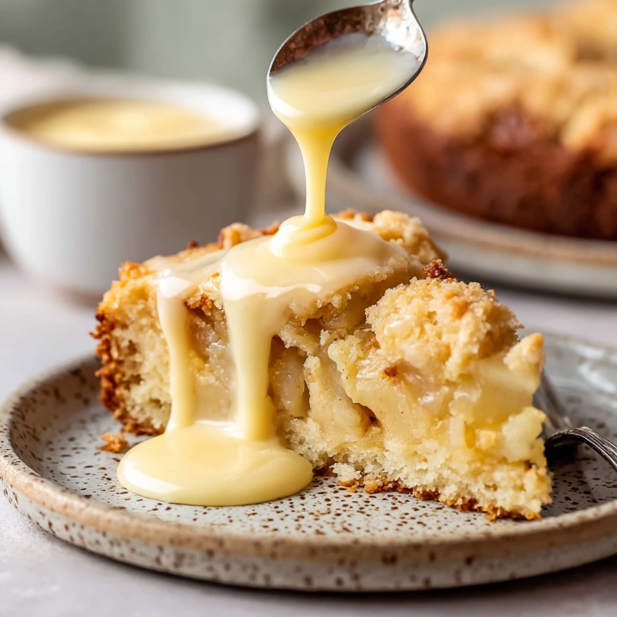 Close-up image of a slice of Irish apple cake with creamy custard being poured over the top. The cake has a golden crust and soft, fluffy interior, served on a speckled plate.