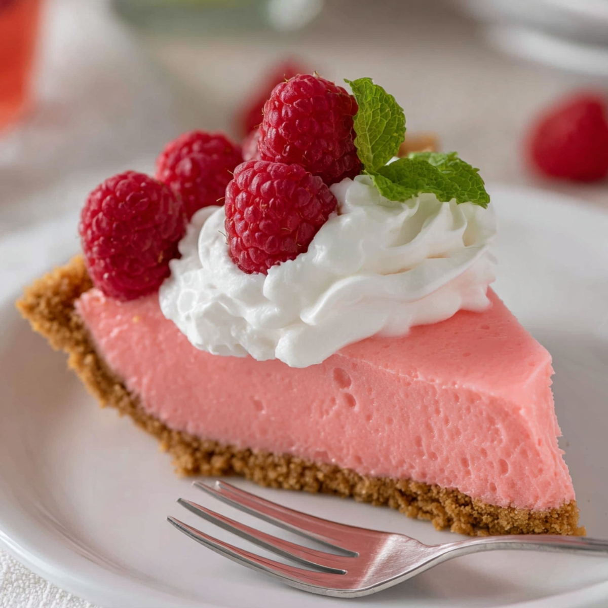 A close-up shot of a slice of pink Jello pie topped with whipped cream and garnished with fresh raspberries.