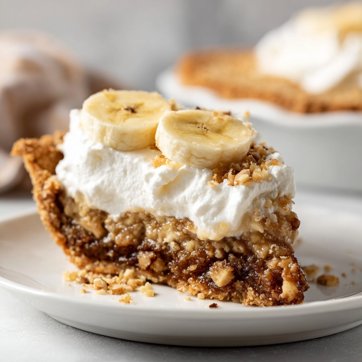 A close-up slice of Kentucky Sawdust Pie topped with whipped cream, banana slices, and chopped nuts on a white plate.