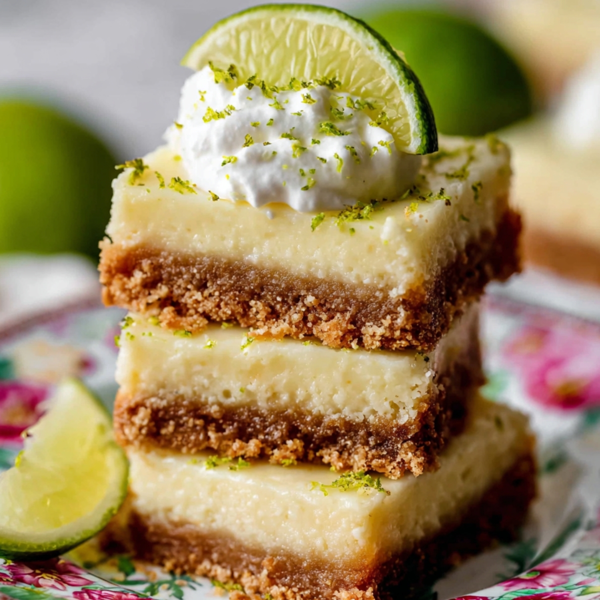 A stack of Key Lime Pie Bars with a graham cracker crust, topped with whipped cream, lime zest, and a lime wedge, served on a floral plate.