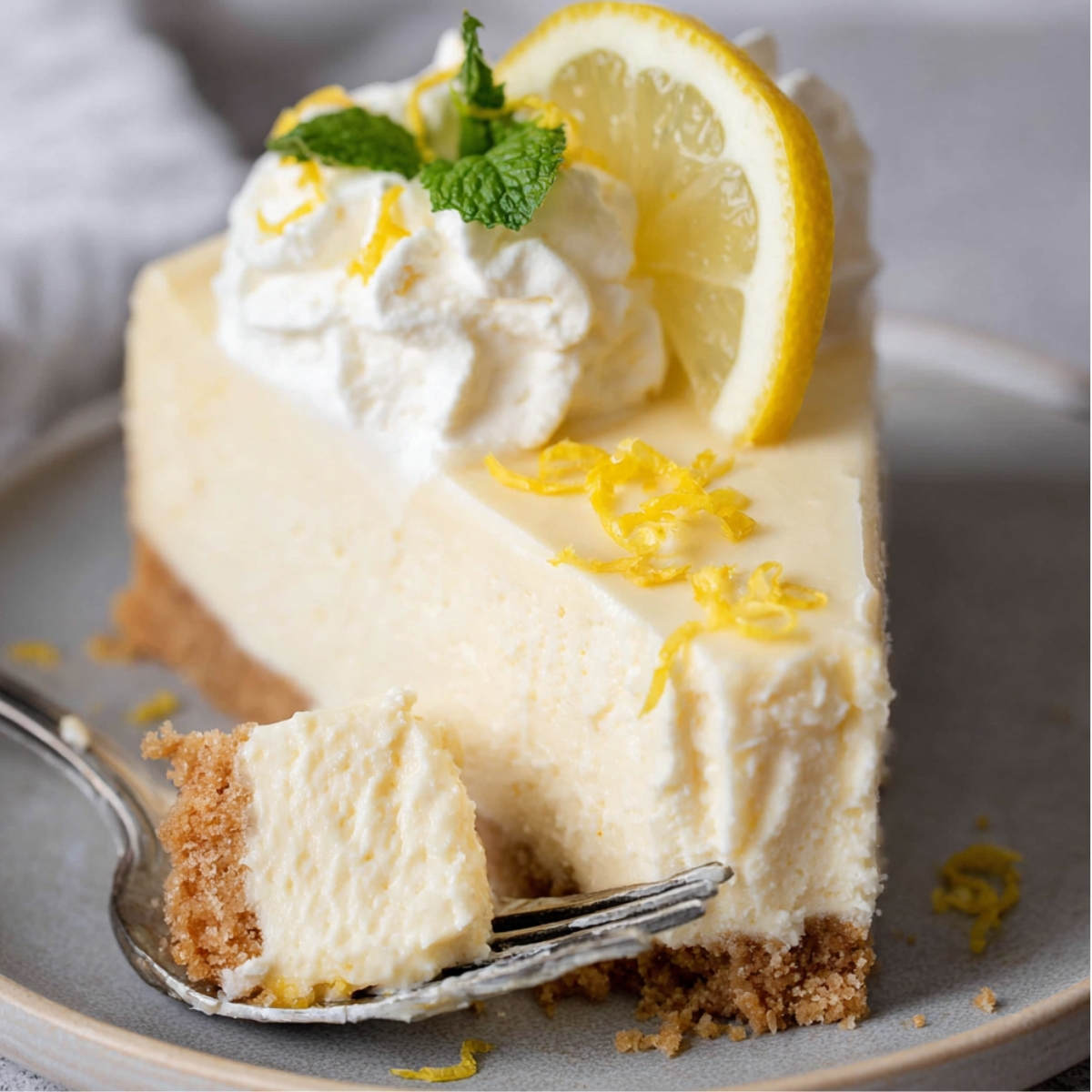 A close-up of a slice of Lemon Greek Yogurt Cheesecake topped with whipped cream, a lemon slice, and lemon zest, served with a forkful of the creamy dessert.