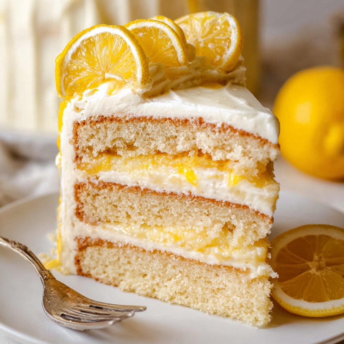 A slice of lemon layer cake on a white plate showing fluffy layers of cake, lemon curd filling, and cream cheese frosting, garnished with fresh lemon slices on top.