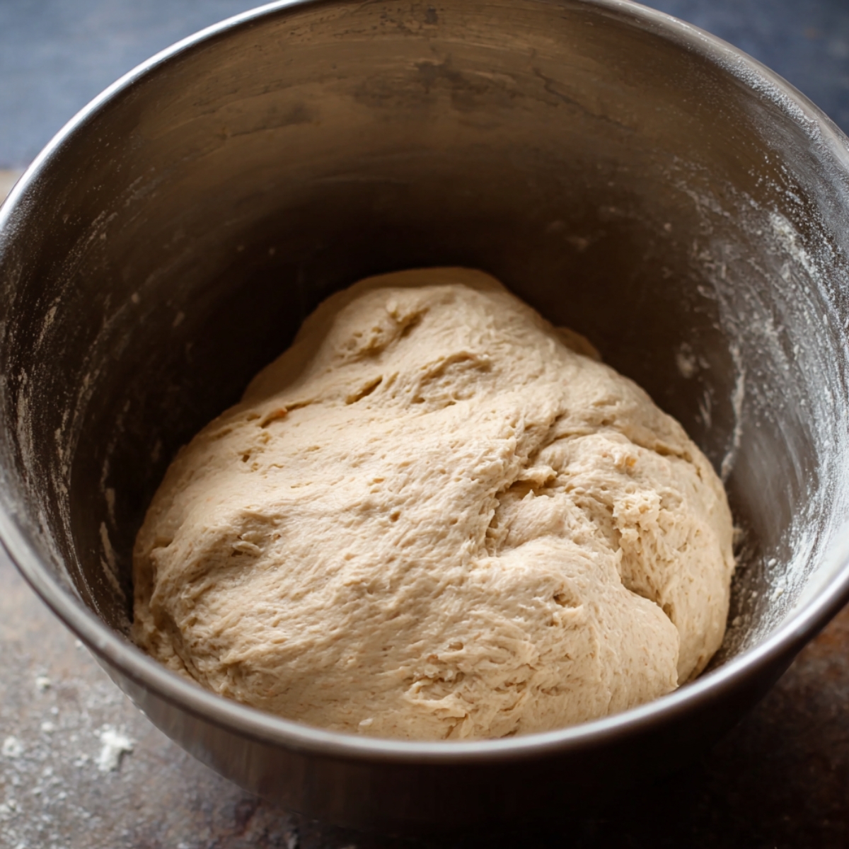 Easy Vegan Hot Cross Buns Recipe 10 A smooth ball of dough resting in a mixing bowl, slightly sticky and ready to rise for the vegan hot cross buns.