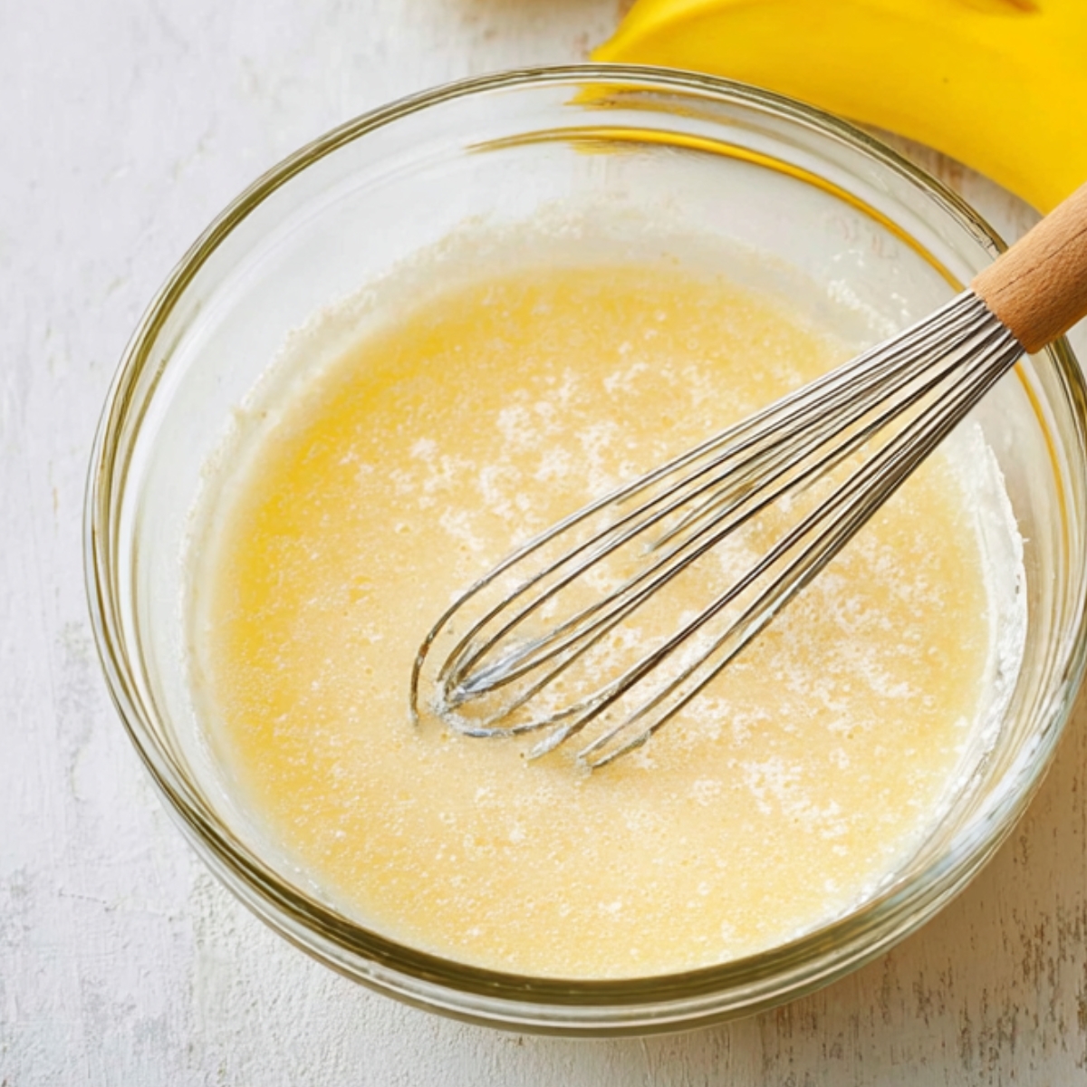 Southern Banana Cobbler Recipe 11 A glass bowl containing a creamy mixture with a whisk inside, ready to be used for a recipe. Ripe bananas are placed beside the bowl on a wooden surface.