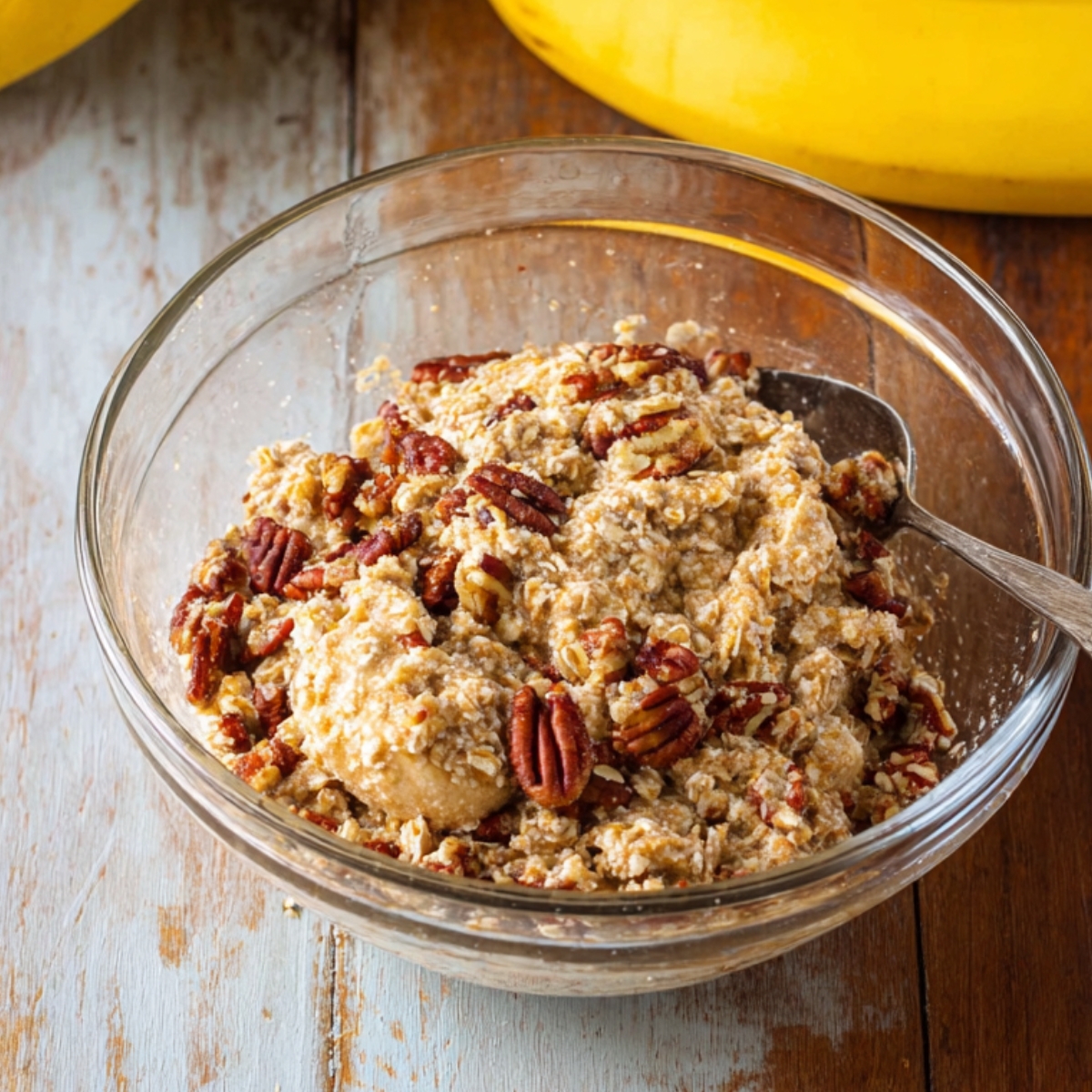 Southern Banana Cobbler Recipe 10 A glass bowl filled with a mixture of oats, pecans, and other ingredients, forming a crumble topping for a recipe. The bowl sits on a wooden surface, with bananas in the background.