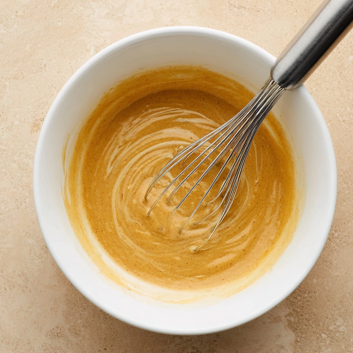 A smooth, golden wet mixture being whisked in a white bowl, with a whisk inside.