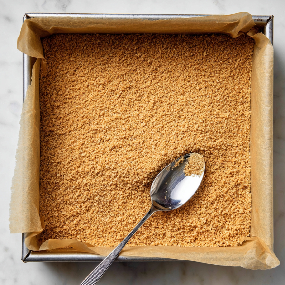 Easy Key Lime Pie Bars Recipe 10 A baking pan lined with graham cracker crumbs, evenly spread to form the crust for key lime pie bars.