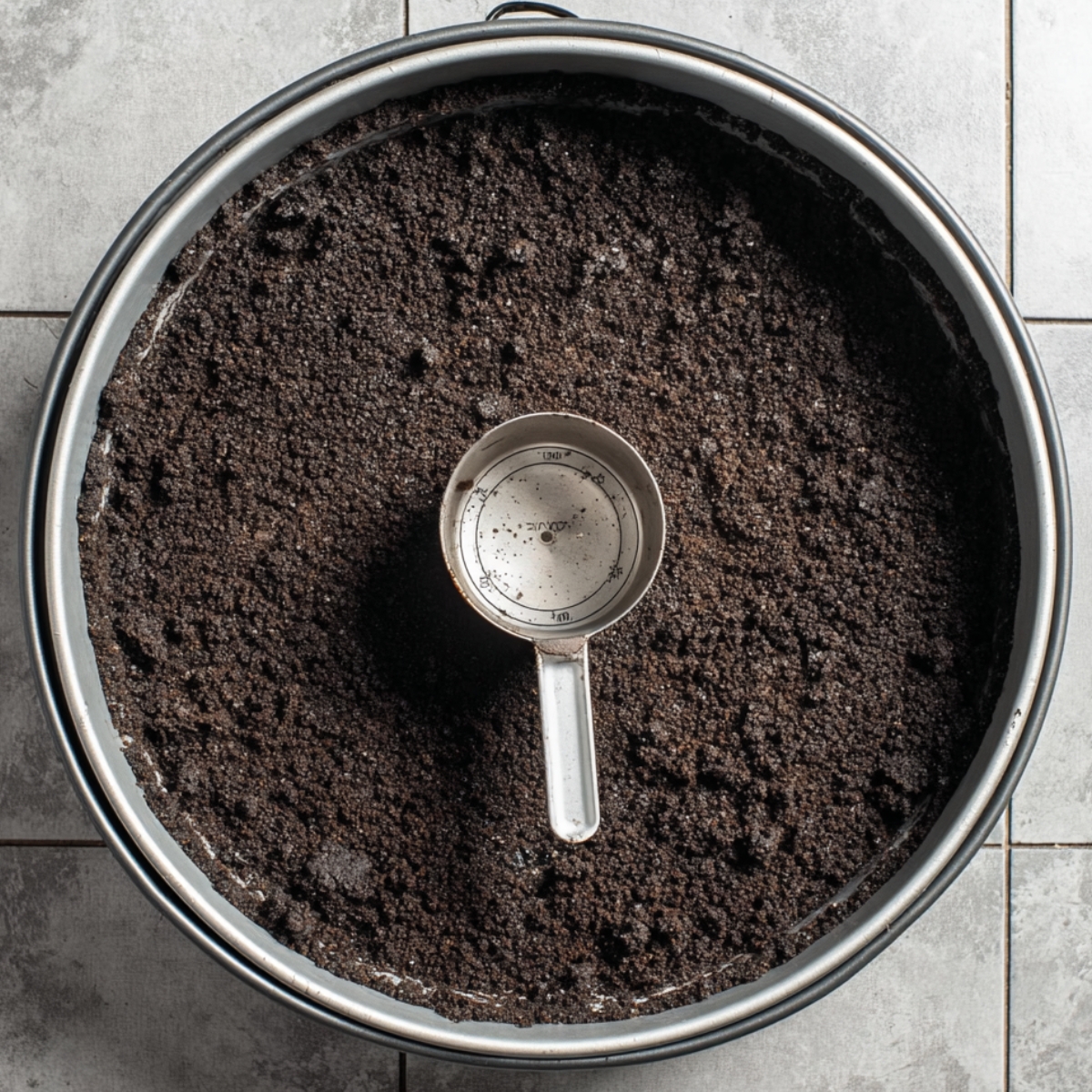 Close-up of an Oreo cookie crust in a springform pan, pressed evenly along the base and edges, with a measuring cup in the center, preparing for filling.