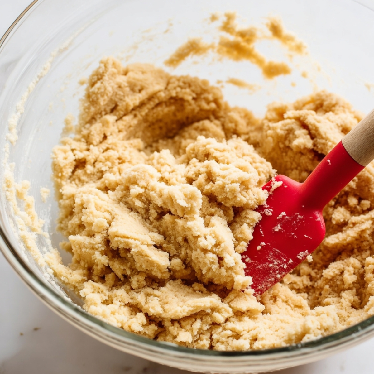 The Best Pinwheel Cookies Recipe 10 A close-up shot of cookie dough in a glass mixing bowl, with a red spatula mixing the crumbly, sandy dough. The dough is light golden and ready to be shaped.
