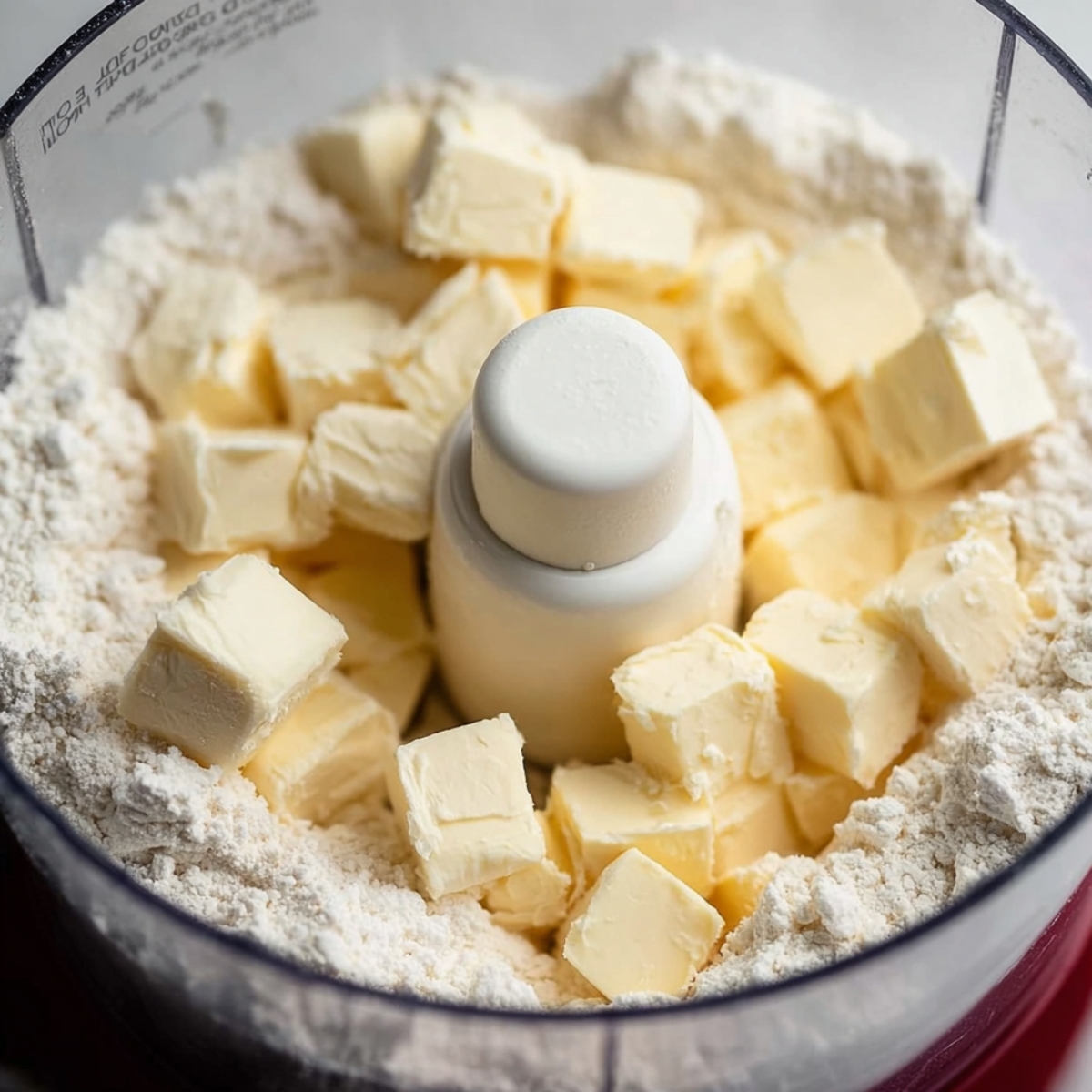 A food processor bowl filled with cubes of butter and flour, ready to be mixed into dough.
