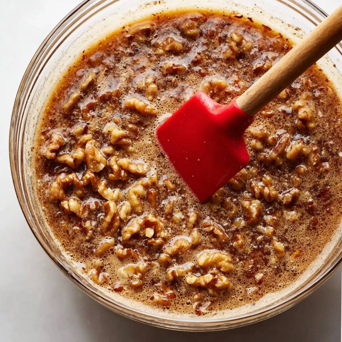 A close-up of a bowl filled with maple walnut filling, being stirred with a red spatula. The mixture is rich, with walnuts clearly visible in the syrupy liquid.