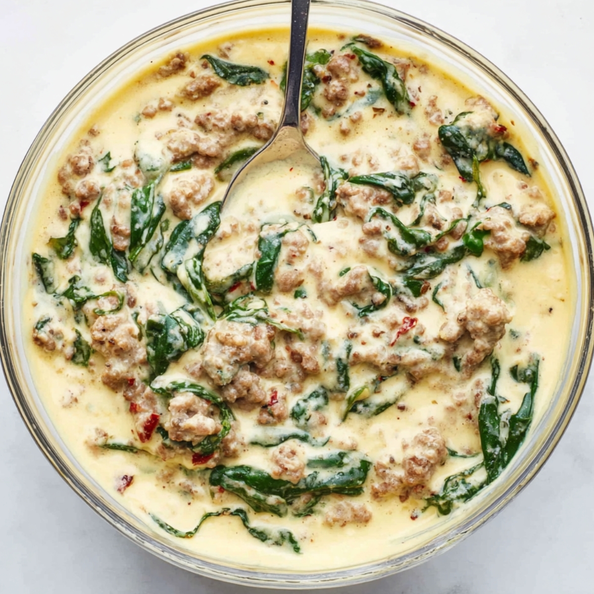 Italian Easter Pie (Pizza Rustica) 11 A creamy mixture of ground sausage and spinach in a clear glass bowl, with a spoon stirring through the smooth, rich filling.
