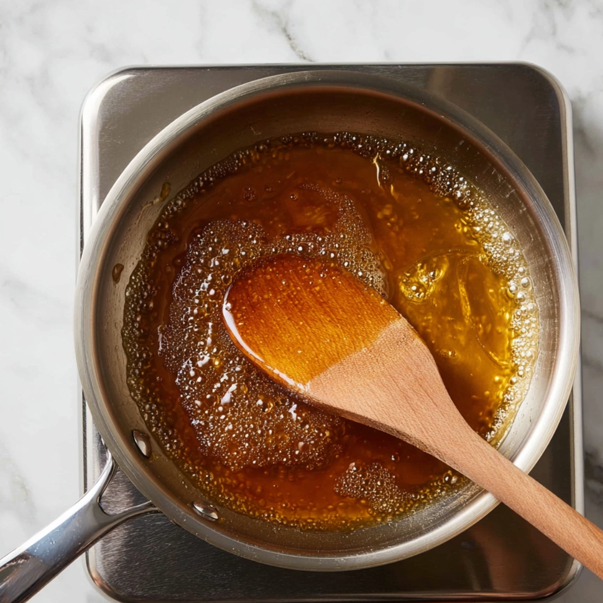 Easy Caramel Crunch Brownies 11 Toffee being made in a saucepan with a wooden spoon stirring the golden liquid.