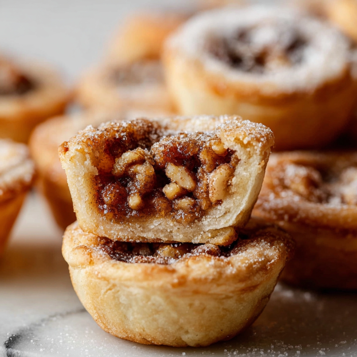 A stack of Maple Walnut Tassies, with one cut open to show the nutty filling. The crumbly pastry is lightly dusted with powdered sugar.