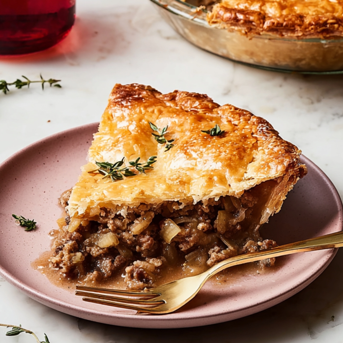 Slice of meat pie with flaky crust, garnished with thyme.