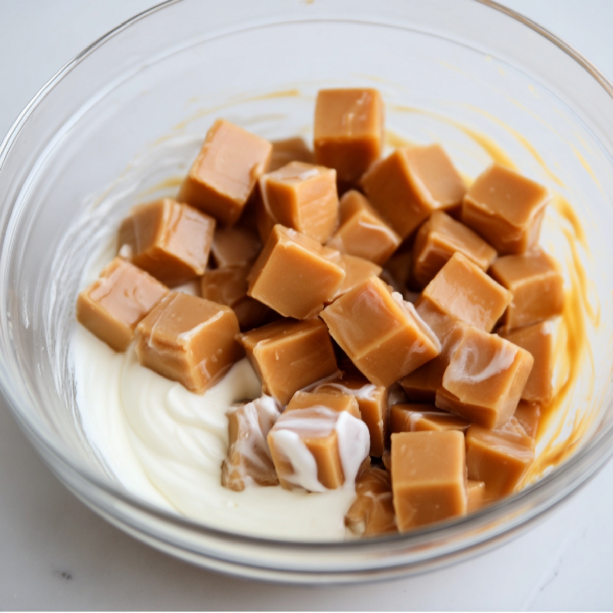 Easy Salted Caramel Butter Bars Recipe 11 A bowl of caramel pieces and cream, ready to be melted into a smooth filling for the salted caramel butter bars.