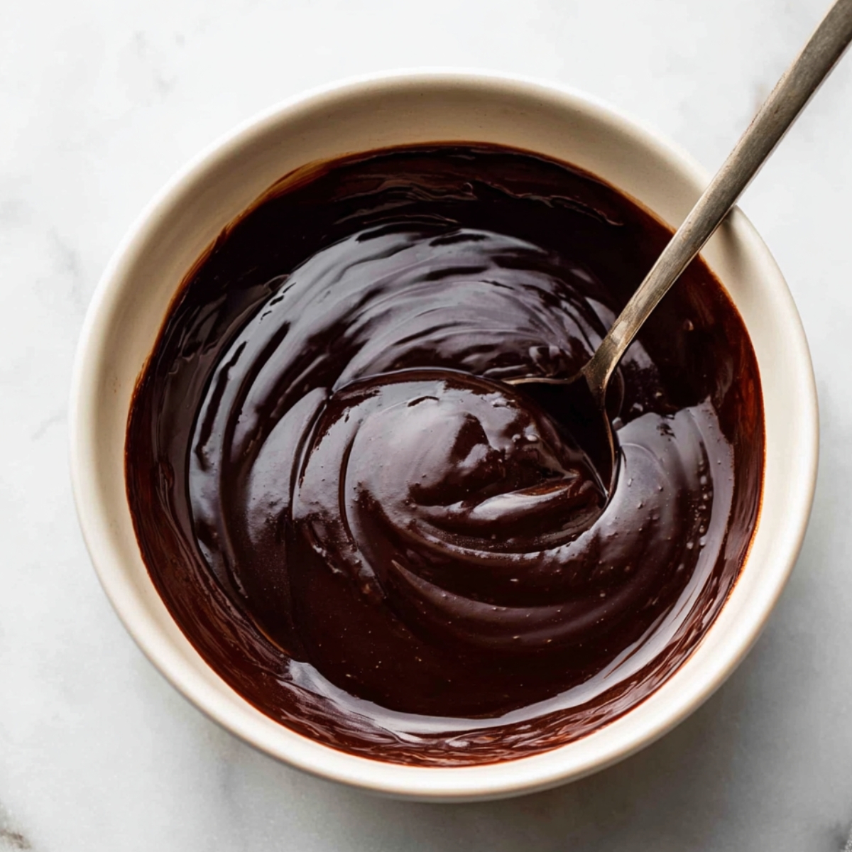 Easy Homemade Eclairs Recipe 11 Rich, glossy chocolate ganache in a bowl with a spoon, ready to coat pastries.