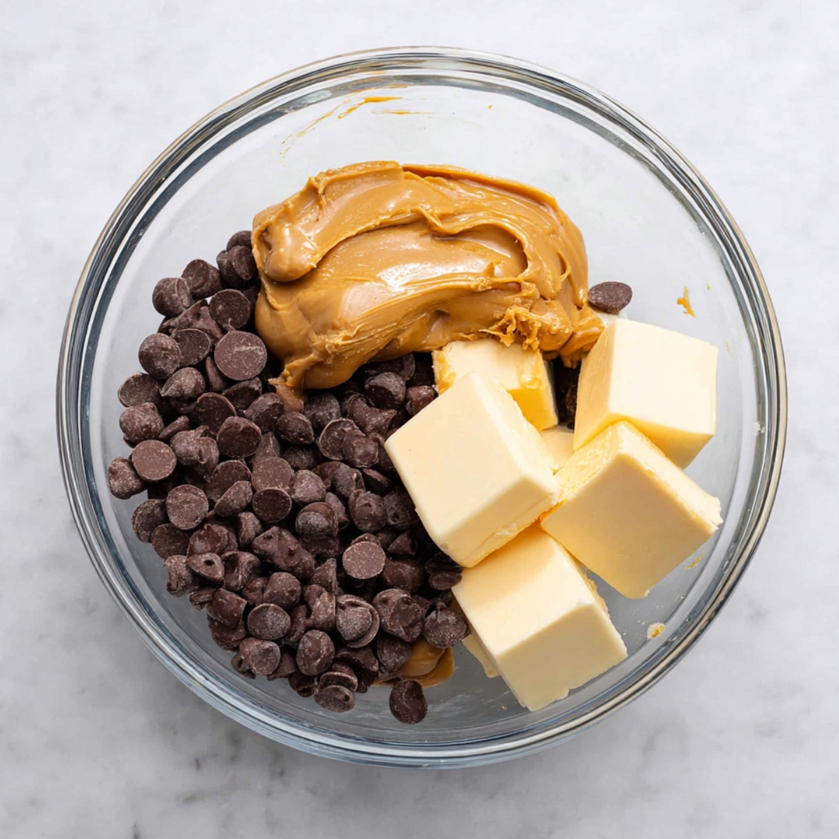 Easy Muddy Buddy Bars Recipe 10 A glass bowl containing chocolate chips, peanut butter, and cubes of butter, all combined and ready to be melted together.