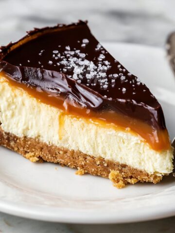 Easy Millionaire Cheesecake Recipe 1 Slice of Millionaire Cheesecake with a caramel layer, topped with dark chocolate and a sprinkle of sea salt, on a plate with a fork.