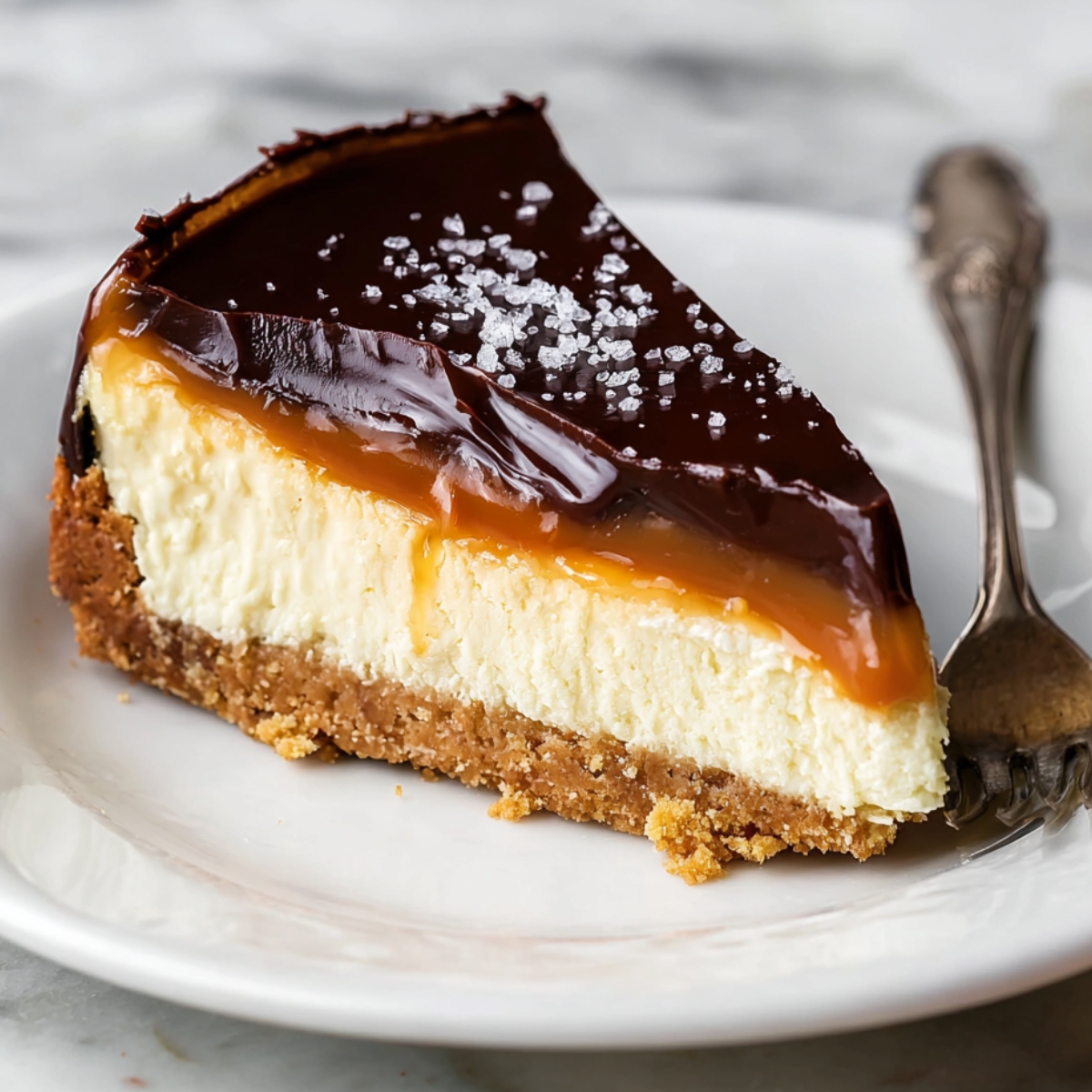 Slice of Millionaire Cheesecake with a caramel layer, topped with dark chocolate and a sprinkle of sea salt, on a plate with a fork.