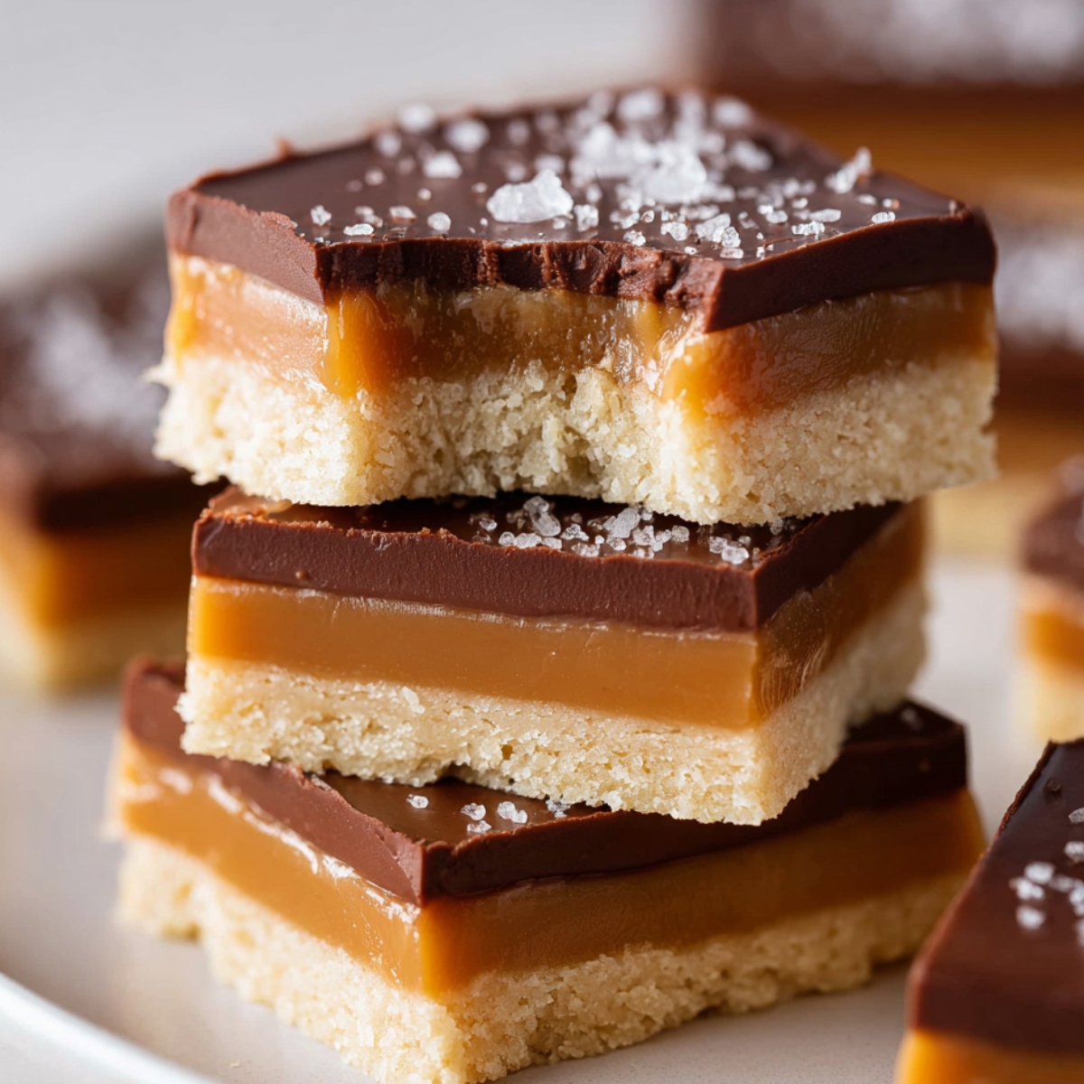 Stack of millionaire shortbread bars with layers of shortbread, caramel, and chocolate, topped with sea salt on a plate.
