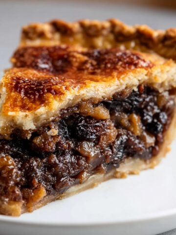 A close-up of a slice of Mincemeat Pie on a plate, showing the rich, dark filling of dried fruits and spices, with a golden-brown, flaky crust.