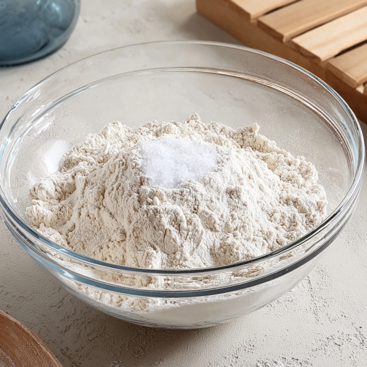 Easy Cinnamon Roll Muffins Recipe 10 A bowl of flour with a pinch of salt on top, ready to be mixed for baking.