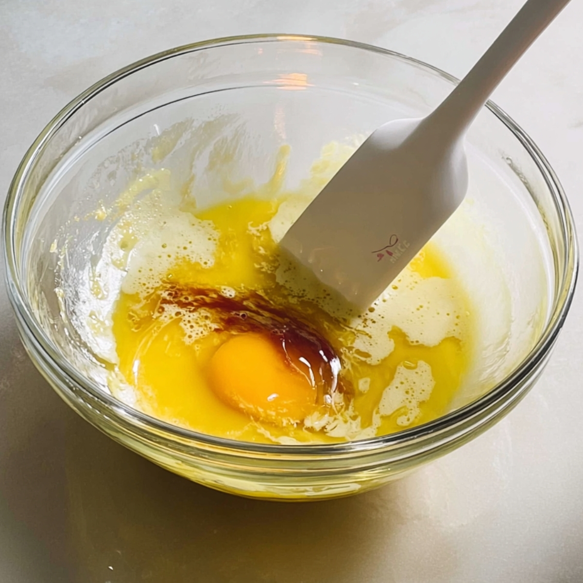 Easy Cinnamon Roll Muffins Recipe 11 A bowl containing melted butter, an egg, and vanilla extract being mixed together with a spatula.