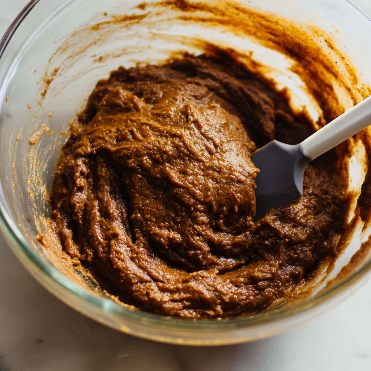 Spiced Molasses Gingerbread Muffins 10 A close-up of thick, dark gingerbread muffin batter in a glass mixing bowl, with a spatula mixing through the smooth, rich mixture.