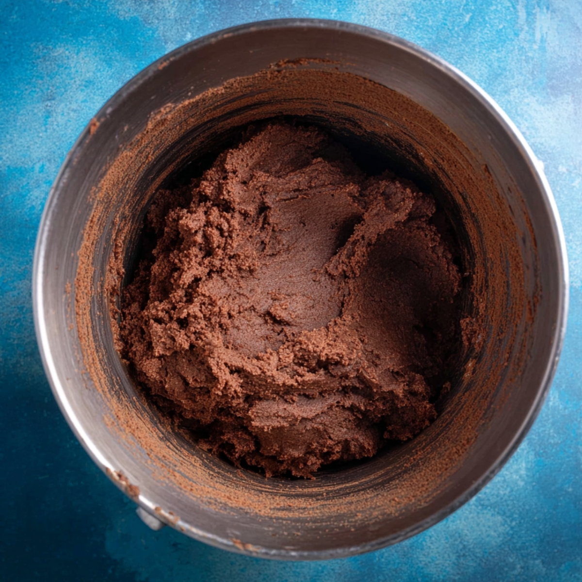 Coffee Toffee Cookies Recipe 10 A close-up view of chocolate cookie dough in a stainless steel mixing bowl with a smooth, well-combined texture against a blue background.