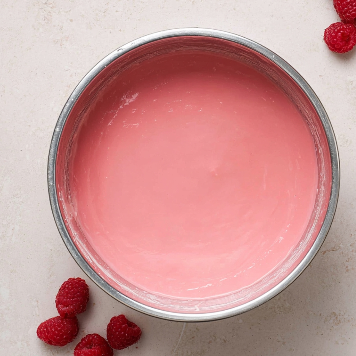 A smooth, pink-colored Jello pie filling before it has been poured into the pie crust.